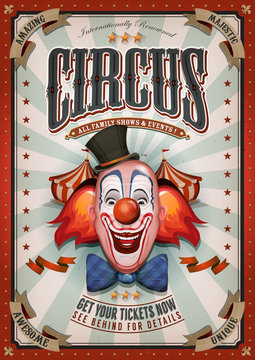 Vintage Circus Poster With Big Top/ Illustration of retro and vintage circus poster background, with design clown face and grunge texture for arts festival events and entertainment background