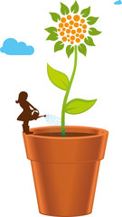 Growing up concept. Gigantic plant on pot drawing.