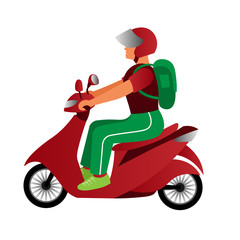 A man in sportswear and a motorcycle helmet with a green backpack rides a red scooter. Colored cartoon flat vector illustration on white background.