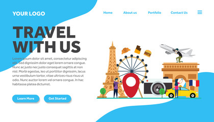 travel to france paris creative illustration landing page template vector graphics ,travel to paris france flat style illustration vector,landing page template, for website template