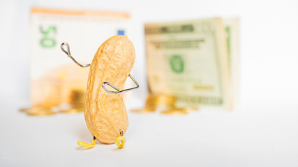 peanuts character made with iron wire standing in front of euros and dollars money 