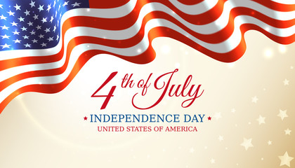 Poster 4th of july usa independence day, vector template with american flag and shining sun on golden shining starry background. Fourth of july, USA national holiday. Vector illustration, banner