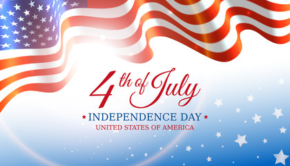 Poster 4th of july usa independence day, vector template with american flag and shining sun on blue shining starry background. Fourth of july, USA national holiday. Vector illustration, banner