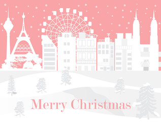 Merry Christmas with the white city and snowing,vector image.
