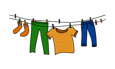 Clothes hanging from a wire to dry