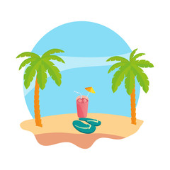 summer beach with palms and juice fruit cocktail scene