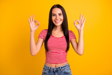 Portrait of attractive lovely cute student have free time weekend advise advice advertise dressed...