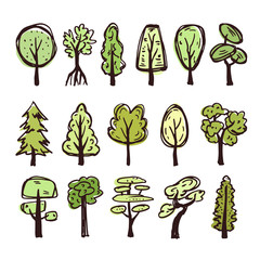 Set of colored doodle trees