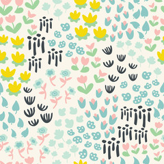 Cute floral seamless pattern arranged in ditsy style. Pastel colored. Design for textile, fabric, decoration, wallpaper, wrapping, or packaging.