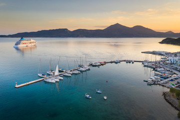 aerial view to vessel and yachts marine on greek island