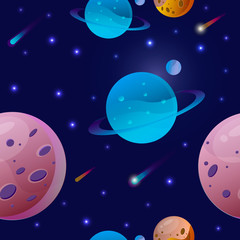 multi-colored planets with rings, craters, moons, stars. space background. seamless pattern. dark night space