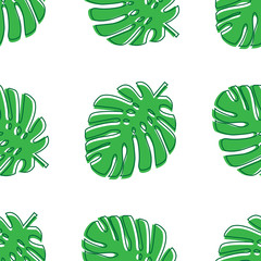 Leaves of monster green color located in a chaotic manner. Seamless pattern of tropical subjects, jungle, freshness. Trendy pattern for decoration or for background