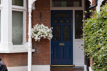 View of Beautiful White Petunia Flower in Hanging Basket are Next to Blue Front Door of House....
