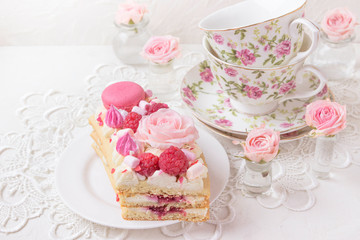 A piece of cake with flowers. Romantic Valentine's Day breakfast.