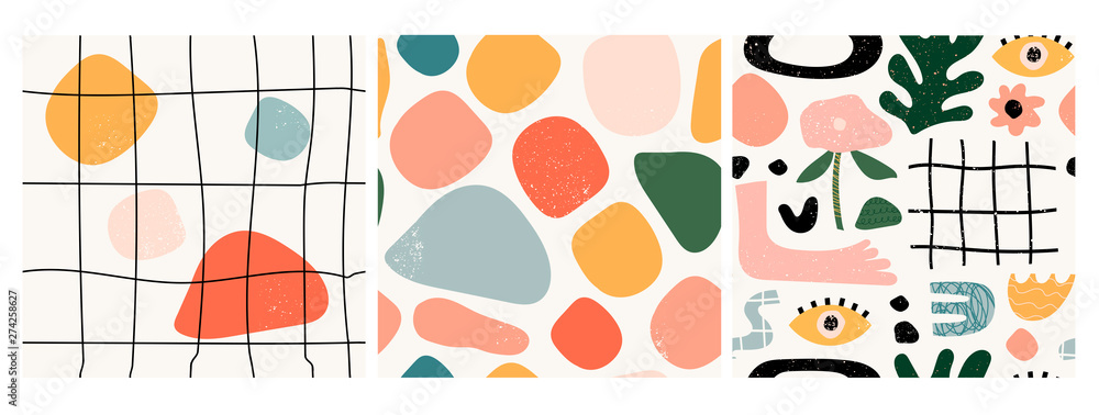 Poster set of three seamless patterns. hand drawn various shapes and doodle objects. abstract contemporary 