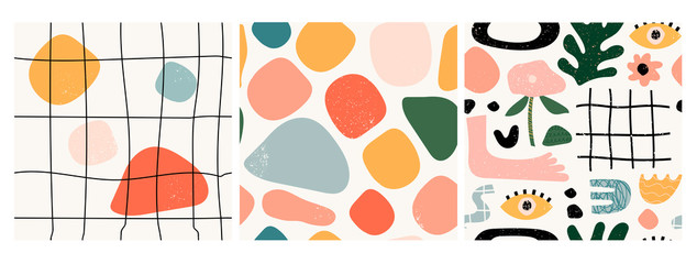 Set of three seamless patterns. Hand drawn various shapes and doodle objects. Abstract contemporary modern trendy vector illustration. Stamp texture. Every pattern is isolated