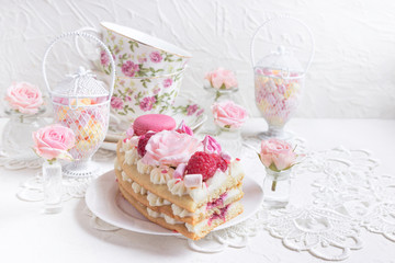 A piece of cake with flowers. Romantic Valentine's Day breakfast.