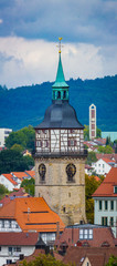 Backnang Stadtturm Vertorama vom Bahnhof aus