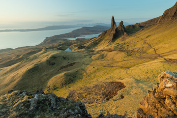 Scenic view at sunsire over Old man Of Storr in Isle of Skye, Scotland.