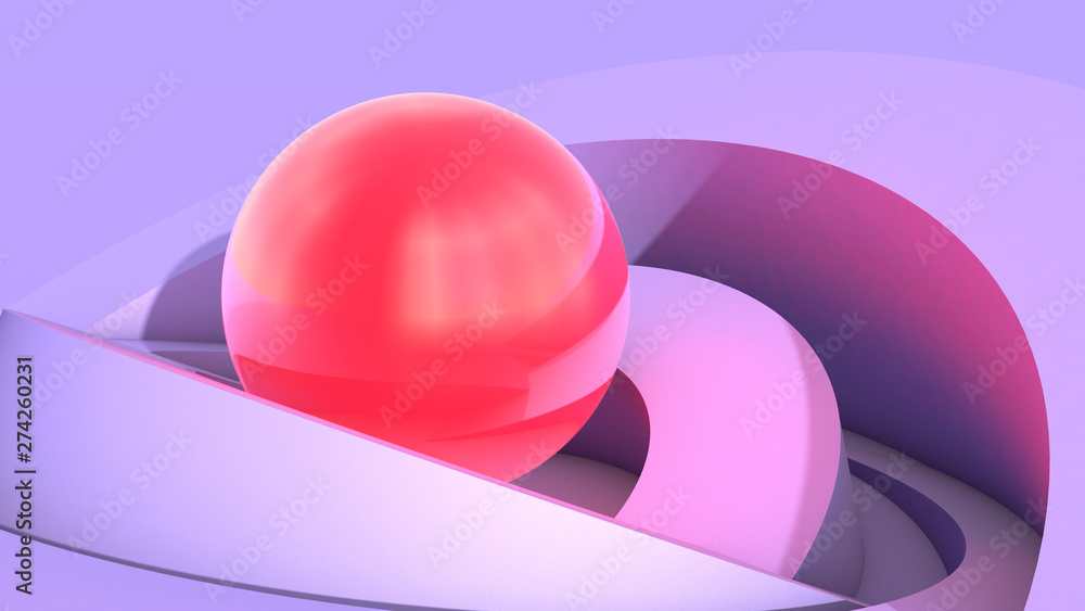 Poster Abstract architecture background with soft ulraviolet arc shapes and shiny red core sphere with light