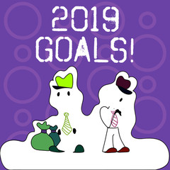 Handwriting text writing 2019 Goals. Conceptual photo something you hope to achieve or get in near or far future Figure of Two Men Standing with Pouch Bag on White Sticker Style Snow Effect