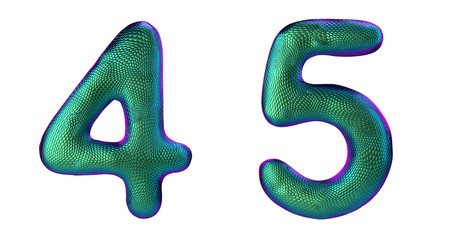 Number set 4, 5 made of realistic 3d render green color. Collection of natural snake skin texture style symbol