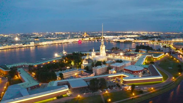 Night view of the Peter and Paul Fortress Hare Island and the city of St. Petersburg