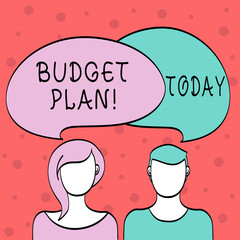 Word writing text Budget Plan. Business photo showcasing estimate of income and expenditure for set period of time Blank Faces of Male and Female with Colorful Blank Speech Bubble Overlaying