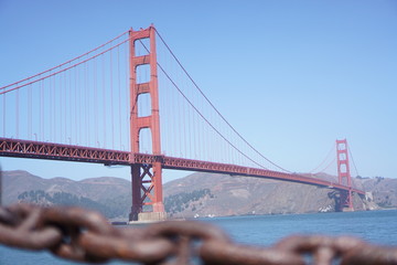 Golden Gate Bridge with chain in foreground in San Francisco, California, USA