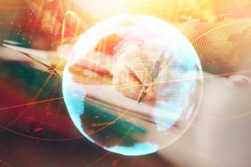 International business hud over woman's hands writing background. Concept of hard work. Double...