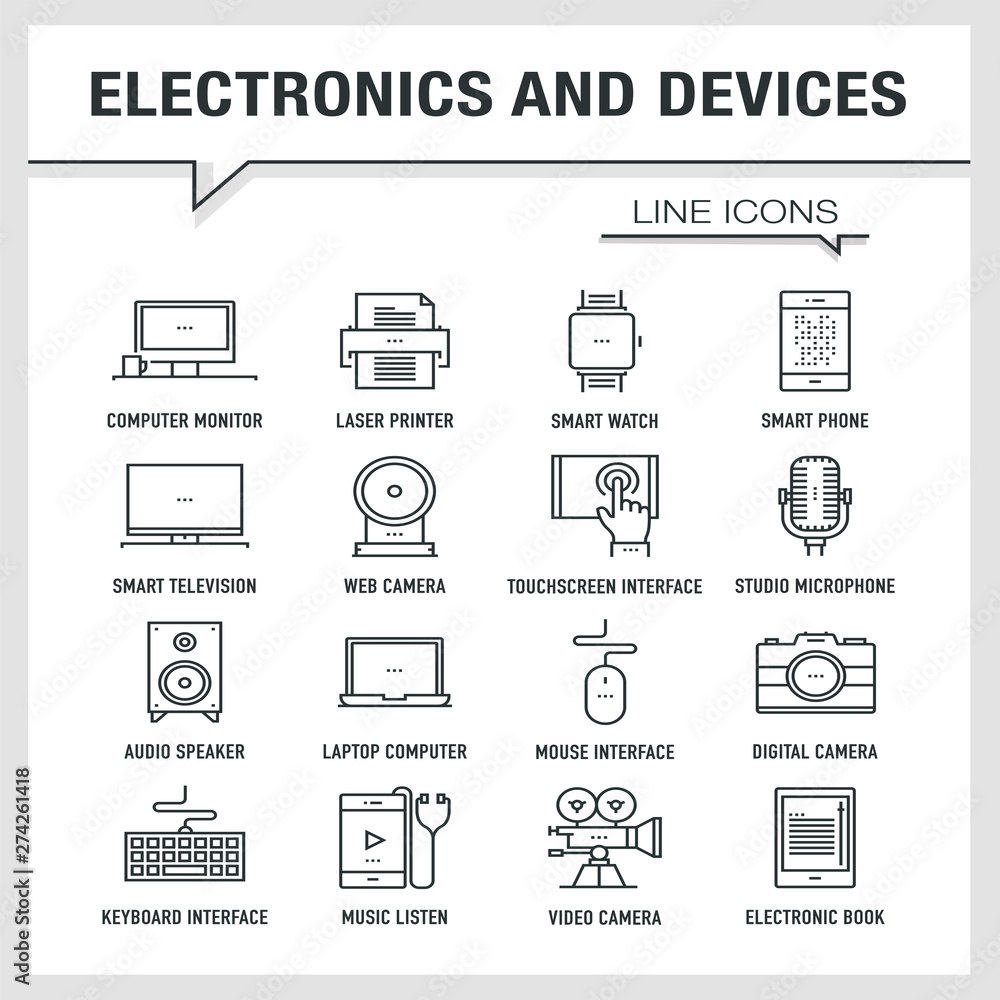 Poster electronics and devices line icons