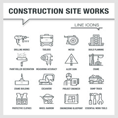 Fototapeta na wymiar CONSTRUCTION SITE WORKS LINE ICONS
