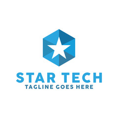 Star Box Logo Design With Geometry Concept. Identity Logotype. Hexagon And Cube Emblem For Company. Digital Icon For Business. Creative And Modern Blue Color Graphic Idea.