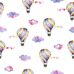 Gordijnen Naadloze patroon van aquarel kleurrijke ballonnen met wolken. Illustratie geïsoleerd op wit. Handgeschilderde sjabloon perfect voor kinderbehang, textiel, vintage design, kaarten maken © Vola Tsiukhai