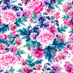 Bright watercolor seamless pattern with peony, roses and violet flowers, berries. 