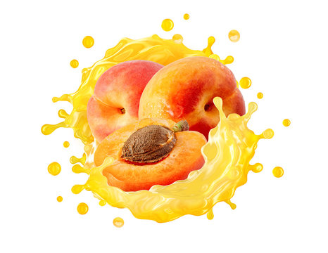Fresh ripe apricots, slice and apricots juice 3D splash wave. Healthy food or fruit drink liquid ad label design elements. Tasty apricots smoothie splash isolated, healthy diet concept