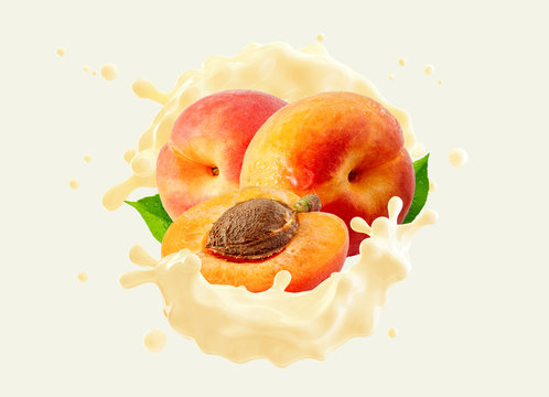 Delicious fresh apricots fruit yogurt 3D splash wave with ripe apricots and apricot half. Label, banner advertising element with greek yogurt, cream, smoothie, milk, apricots or peaches