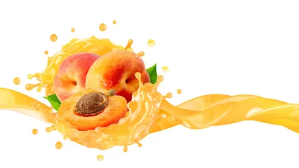 Tuinposter Fresh ripe peaches or apricots, peach juice 3D splash wave. Healthy food or fruit drink liquid ad label design elements. Tasty peach or apricots fruits vitamin smoothie splash isolated © Corona Borealis