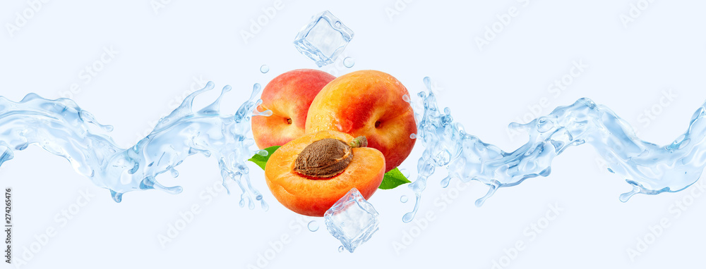 Canvas Prints fresh cold pure apricot water with apricots and 3d waves splash. peach water or soft drink wave swir