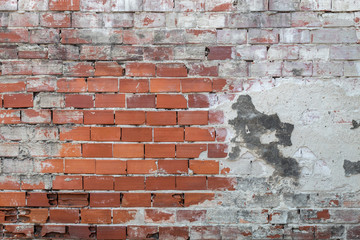 Old Weathered Concrete Decay Wall Texture With a Few Red Bricks Visible