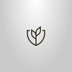 black and white simple vector line art geometric sign of plant with two leaves in a shield shaped frame