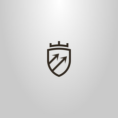black and white simple vector line art geometric sign of shield with two diagonal rising arrows and a crown