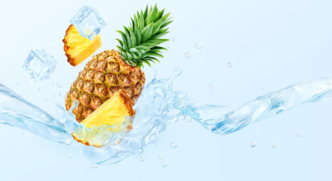 Fresh cold pure pineapple water with pineapple and waves 3D splash. Pineapple water, lemonade, smoothie, cocktail wave swirls. Healthy flavored detox drink splash banner concept with water, ice cubes