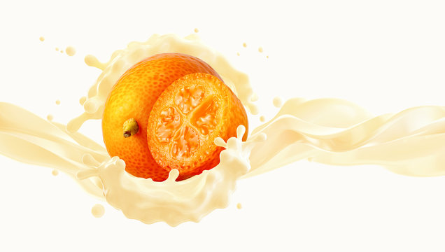 Delicious fresh kumquat fruit yogurt 3D splash wave with ripe kumquat and kumquat half. Label, banner advertising element with greek yogurt, cream, smoothie or milk, kumquats or kinkan