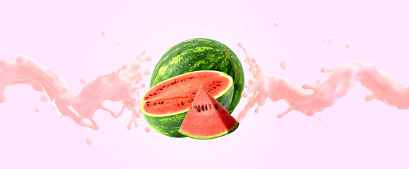 Delicious fresh watermelon yogurt 3D splash wave with ripe watermelon and watermelon half. Label, banner advertising design element with greek yogurt, smoothie or milk,watermelon fruits