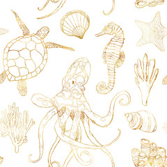 Watercolor underwater seamless pattern. Hand painted golden octopus, turtle, seahorse, laminaria, shell and coral reef plants isolated on white background. Line art illustration for design, print.