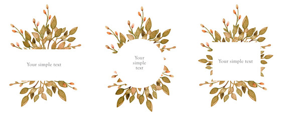 Hand drawn watercolor set of floral wreath isolated on a white background. Use for creating invitations, greeting cards. Botanical illustration. Watercolor frame