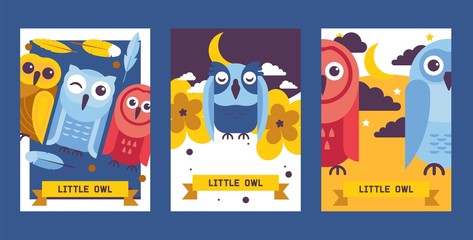 Owl birthday cards vector illustration. Cute cartoon wise birds with wings of different color for invitations and celebration party. Feathers and flowers. Night sky with moon.
