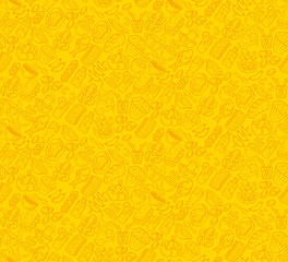 Food vector seamless pattern. Cuisine, fast food cafe wallpaper with gastronomy icons. Yellow, gold color texture. Decorative textile, wrapping paper design. Bright background for menu, receipts