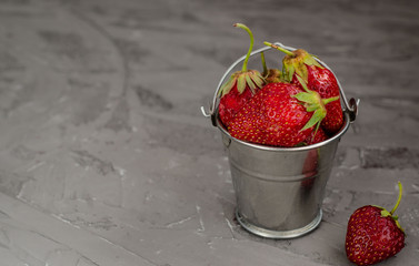 Fresh summer ripe strawberries in a small bucket on a gray concrete background